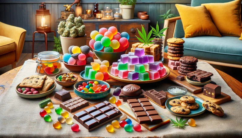 a vibrant and colorful display of various cannabis edibles, arranged in an inviting and stylish manner