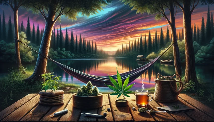 la représentation sereine et artistique est idéale pour créer une ambiance de détente et de connexion avec la nature, incarnant parfaitement le thème de la détente avec le cannabis.