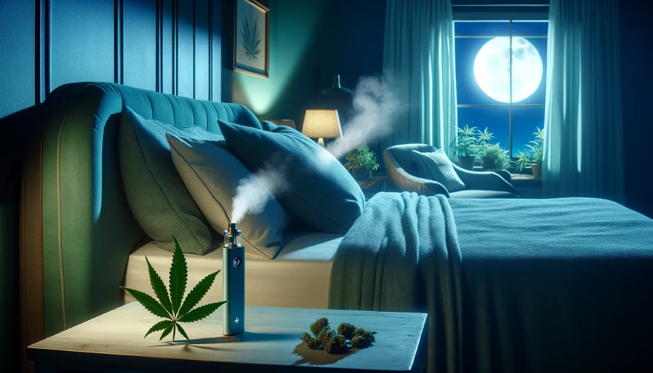 a serene and peaceful bedroom scene, ideal for setting the mood of your article about using Indica cannabis strains for better sleep