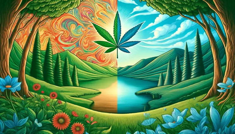 The image visually represents the contrasting effects of THC and CBD with a split scene design.