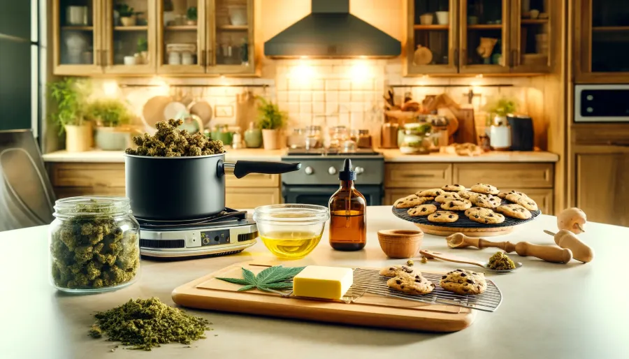 It depicts a kitchen scene where the process of creating cannabis-infused treats is underway, with all the necessary ingredients and tools displayed.