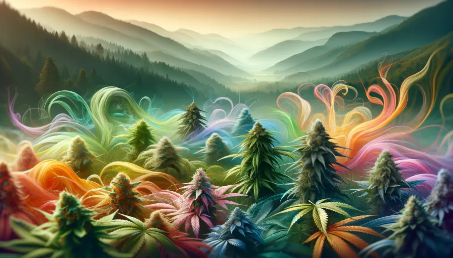 Here's the featured image, created in a landscape orientation, showcasing an array of different cannabis plants with subtle hints of various aromas.