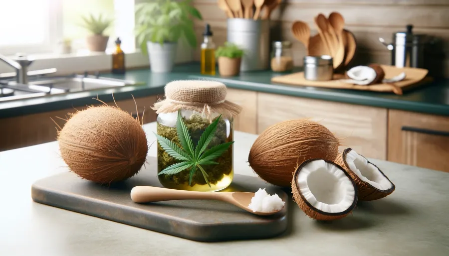 A photo of a jar of cannabis-infused coconut oil on a kitchen counter, surrounded by whole coconuts and decarboxylated cannabis leaves. The kitchen counter is clean and modern, with a rustic touch from wooden elements and soft, natural lighting.