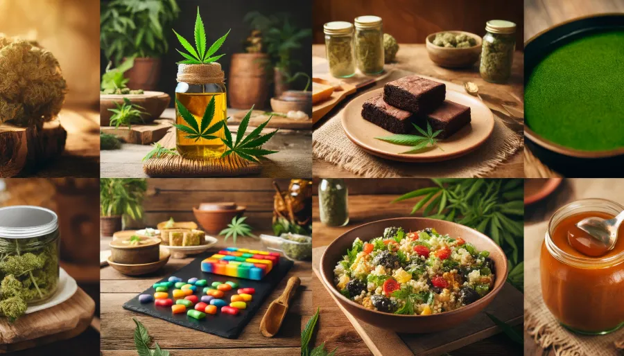 A collage of vegan and gluten-free cannabis dishes arranged artistically on a wooden dining table. The collage includes a jar of cannabis-infused coconut oil, a plate of vegan cannabis chocolate brownies, a bowl of colorful cannabis gummies, and a fresh cannabis quinoa salad. The setting is rustic with natural green plants in the background and warm, inviting lighting, creating a cozy and appealing atmosphere.